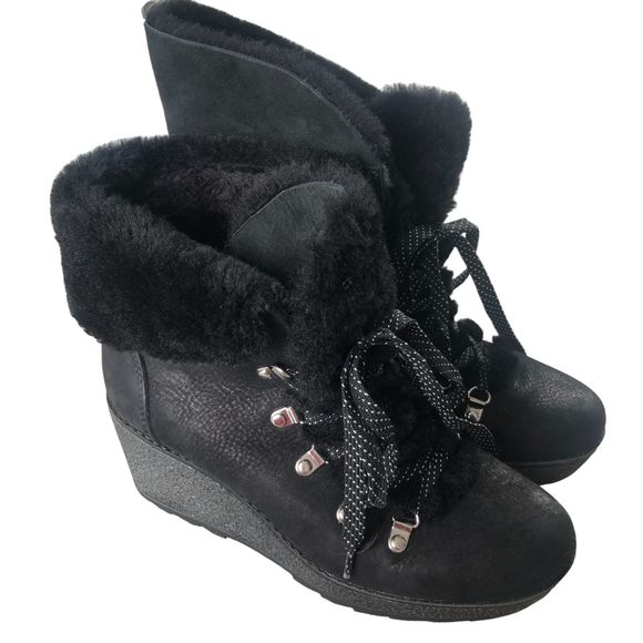 PM3 J Crew Women's Nordic Wedge Winter‎ Boots Fur Lined Black sz 9 M Style K2901 - Picture 1 of 14